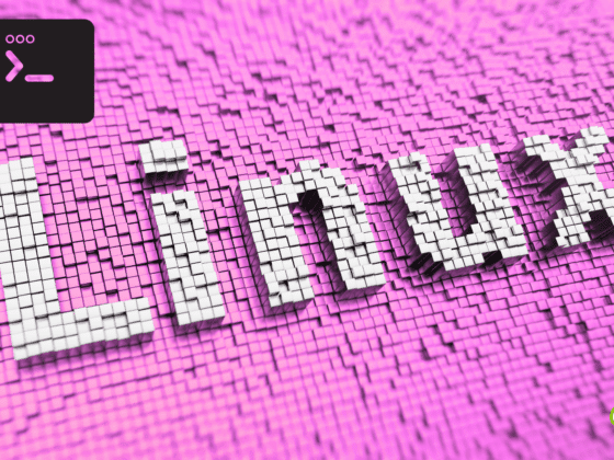 Mot "Linux" en lettres blanches 3D composées de petits cubes sur un fond rose pixelisé, avec une icône de terminal en haut à gauche et le logo "dcod" en bas à droite.