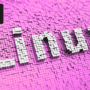 Mot "Linux" en lettres blanches 3D composées de petits cubes sur un fond rose pixelisé, avec une icône de terminal en haut à gauche et le logo "dcod" en bas à droite.
