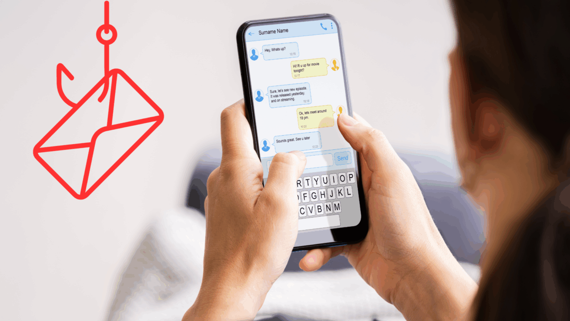 Femme tenant un smartphone affichant une conversation par messagerie, avec une icône rouge représentant un hameçon et une enveloppe, symbole du phishing, en arrière-plan. Image illustrant les risques de cyberattaques par messages frauduleux.