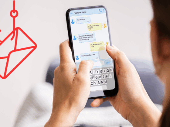 Femme tenant un smartphone affichant une conversation par messagerie, avec une icône rouge représentant un hameçon et une enveloppe, symbole du phishing, en arrière-plan. Image illustrant les risques de cyberattaques par messages frauduleux.