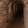Couloir d’un ancien bunker en briques, voûté et souterrain, illustrant la transformation de structures militaires en centres de données ultra-sécurisés. L’architecture robuste et l’absence de lumière naturelle soulignent l’intérêt stratégique de ces lieux pour l’hébergement numérique. Logo « dcod » en bas à droite.