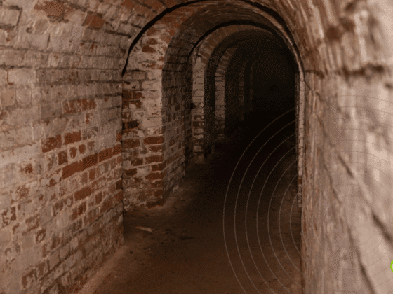 Couloir d’un ancien bunker en briques, voûté et souterrain, illustrant la transformation de structures militaires en centres de données ultra-sécurisés. L’architecture robuste et l’absence de lumière naturelle soulignent l’intérêt stratégique de ces lieux pour l’hébergement numérique. Logo « dcod » en bas à droite.
