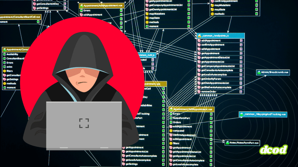 Illustration d’un hacker encapuchonné utilisant un ordinateur, sur fond de schéma de code et de bases de données, représentant une attaque informatique et les risques de cybersécurité