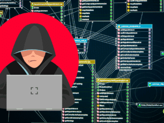 Illustration d’un hacker encapuchonné utilisant un ordinateur, sur fond de schéma de code et de bases de données, représentant une attaque informatique et les risques de cybersécurité