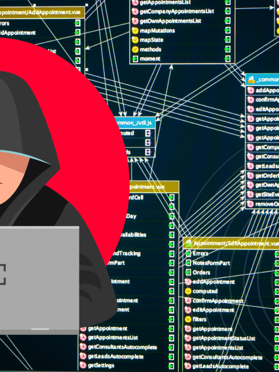 Illustration d’un hacker encapuchonné utilisant un ordinateur, sur fond de schéma de code et de bases de données, représentant une attaque informatique et les risques de cybersécurité