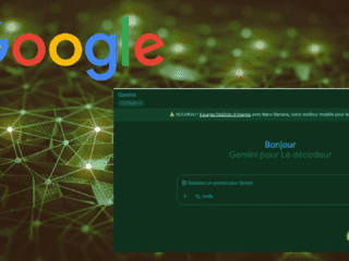 Capture illustrée de l’interface de Google Gemini affichant une zone de saisie de prompt, sur un fond de réseau numérique vert symbolisant l’intelligence artificielle. Le logo coloré de Google apparaît en haut à gauche et le logo « dcod » en bas à droite.