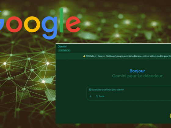 Capture illustrée de l’interface de Google Gemini affichant une zone de saisie de prompt, sur un fond de réseau numérique vert symbolisant l’intelligence artificielle. Le logo coloré de Google apparaît en haut à gauche et le logo « dcod » en bas à droite.