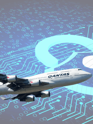 Montage graphique montrant un avion de la compagnie Qantas en vol devant un fond numérique représentant des données binaires et un cadenas bleu ouvert, symbole de faille de sécurité. L’image illustre visuellement une fuite de données ou une cyberattaque ciblant le secteur aérien. Logo « dcod » en bas à droite.