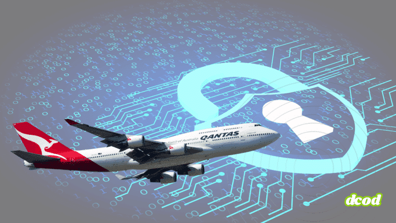 Montage graphique montrant un avion de la compagnie Qantas en vol devant un fond numérique représentant des données binaires et un cadenas bleu ouvert, symbole de faille de sécurité. L’image illustre visuellement une fuite de données ou une cyberattaque ciblant le secteur aérien. Logo « dcod » en bas à droite.