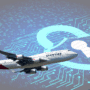 Montage graphique montrant un avion de la compagnie Qantas en vol devant un fond numérique représentant des données binaires et un cadenas bleu ouvert, symbole de faille de sécurité. L’image illustre visuellement une fuite de données ou une cyberattaque ciblant le secteur aérien. Logo « dcod » en bas à droite.