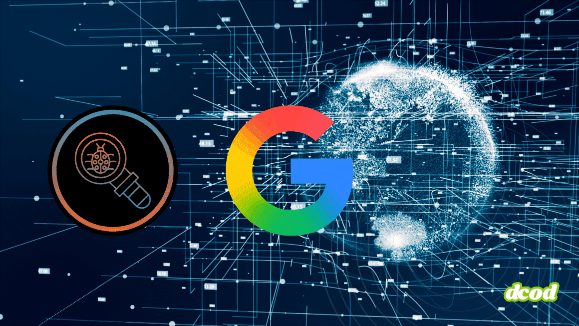 Logo de Google centré sur un fond représentant un globe numérique entouré de données interconnectées, symbolisant l’intelligence artificielle et l’analyse à grande échelle. À gauche, une loupe contenant une icône de virus ou malware évoque la détection de menaces. Logo « dcod » en bas à droite.