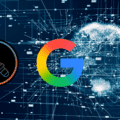 Logo de Google centré sur un fond représentant un globe numérique entouré de données interconnectées, symbolisant l’intelligence artificielle et l’analyse à grande échelle. À gauche, une loupe contenant une icône de virus ou malware évoque la détection de menaces. Logo « dcod » en bas à droite.