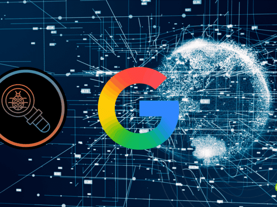 Logo de Google centré sur un fond représentant un globe numérique entouré de données interconnectées, symbolisant l’intelligence artificielle et l’analyse à grande échelle. À gauche, une loupe contenant une icône de virus ou malware évoque la détection de menaces. Logo « dcod » en bas à droite.