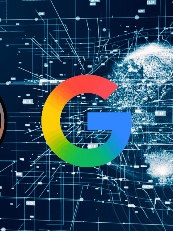 Logo de Google centré sur un fond représentant un globe numérique entouré de données interconnectées, symbolisant l’intelligence artificielle et l’analyse à grande échelle. À gauche, une loupe contenant une icône de virus ou malware évoque la détection de menaces. Logo « dcod » en bas à droite.