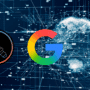 Logo de Google centré sur un fond représentant un globe numérique entouré de données interconnectées, symbolisant l’intelligence artificielle et l’analyse à grande échelle. À gauche, une loupe contenant une icône de virus ou malware évoque la détection de menaces. Logo « dcod » en bas à droite.