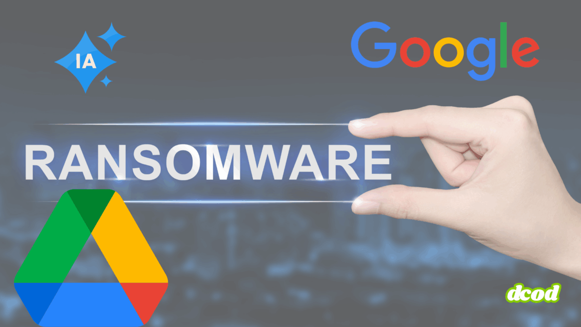 Illustration de Google Drive utilisant l’intelligence artificielle pour bloquer les ransomwares, avec les logos de Google, Google Drive et le mot « RANSOMWARE ».