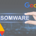 Illustration de Google Drive utilisant l’intelligence artificielle pour bloquer les ransomwares, avec les logos de Google, Google Drive et le mot « RANSOMWARE ».