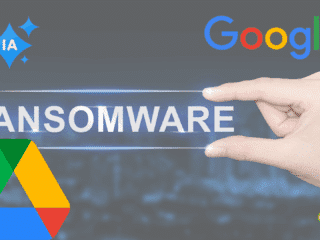 Illustration de Google Drive utilisant l’intelligence artificielle pour bloquer les ransomwares, avec les logos de Google, Google Drive et le mot « RANSOMWARE ».