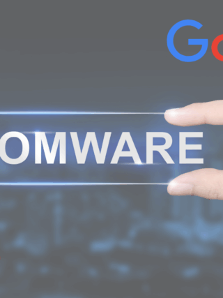 Illustration de Google Drive utilisant l’intelligence artificielle pour bloquer les ransomwares, avec les logos de Google, Google Drive et le mot « RANSOMWARE ».