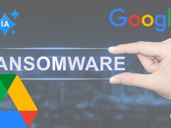 Illustration de Google Drive utilisant l’intelligence artificielle pour bloquer les ransomwares, avec les logos de Google, Google Drive et le mot « RANSOMWARE ».