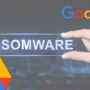 Illustration de Google Drive utilisant l’intelligence artificielle pour bloquer les ransomwares, avec les logos de Google, Google Drive et le mot « RANSOMWARE ».