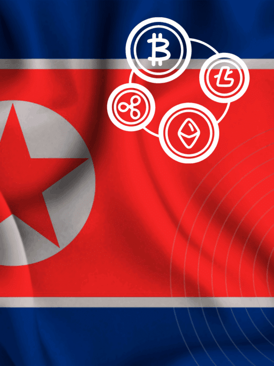 Drapeau de la Corée du Nord avec des icônes de cryptomonnaies comme Bitcoin, Ethereum et Litecoin, illustrant le lien entre le pays et les actifs numériques.