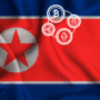 Drapeau de la Corée du Nord avec des icônes de cryptomonnaies comme Bitcoin, Ethereum et Litecoin, illustrant le lien entre le pays et les actifs numériques.