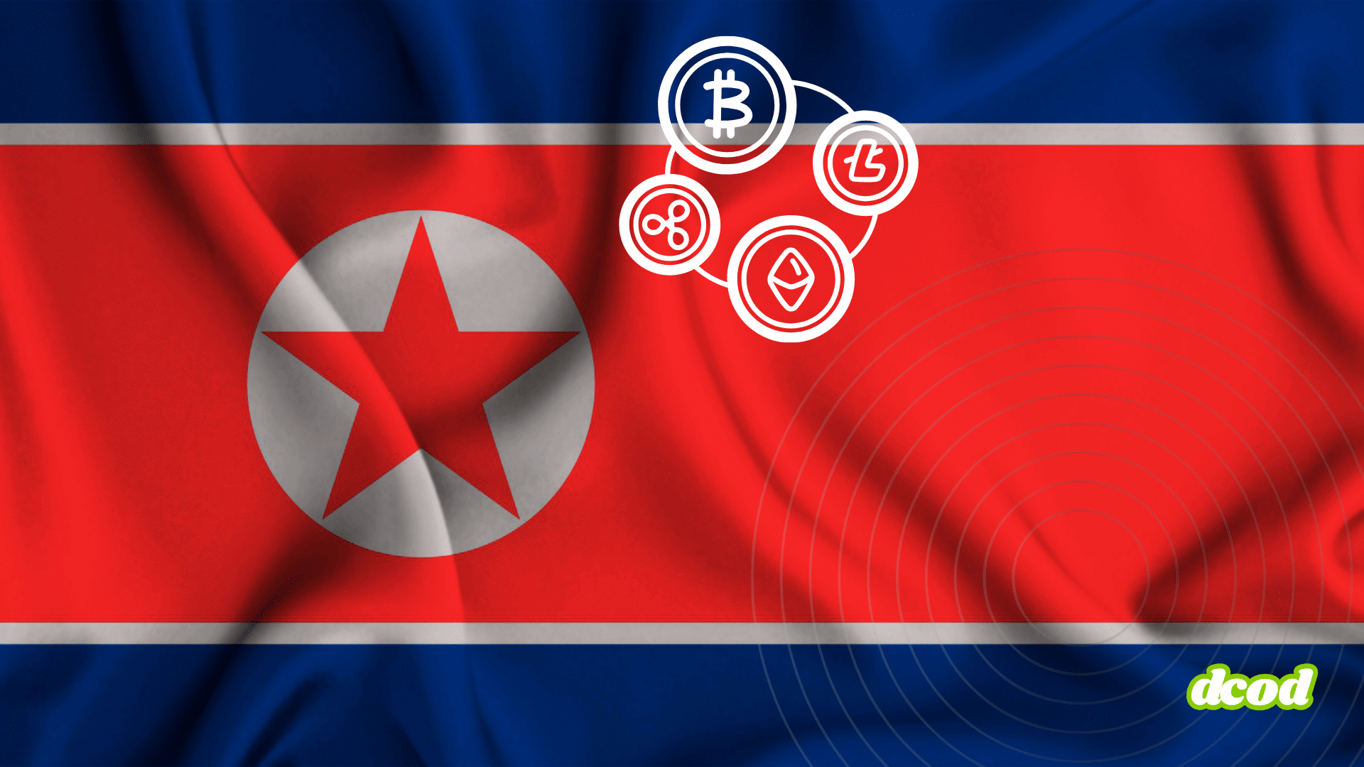 Drapeau de la Corée du Nord avec des icônes de cryptomonnaies comme Bitcoin, Ethereum et Litecoin, illustrant le lien entre le pays et les actifs numériques.