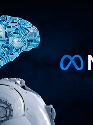 Illustration représentant un robot humanoïde observant un cerveau numérique composé de circuits lumineux, aux côtés du logo de Meta. L’image symbolise les avancées de l’entreprise dans le domaine de l’intelligence artificielle. Logo « dcod » visible en bas à droite.