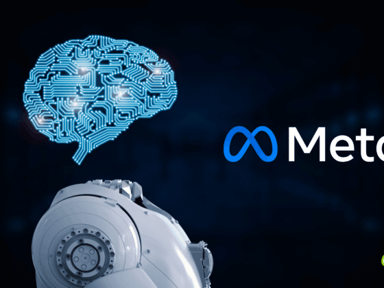 Illustration représentant un robot humanoïde observant un cerveau numérique composé de circuits lumineux, aux côtés du logo de Meta. L’image symbolise les avancées de l’entreprise dans le domaine de l’intelligence artificielle. Logo « dcod » visible en bas à droite.