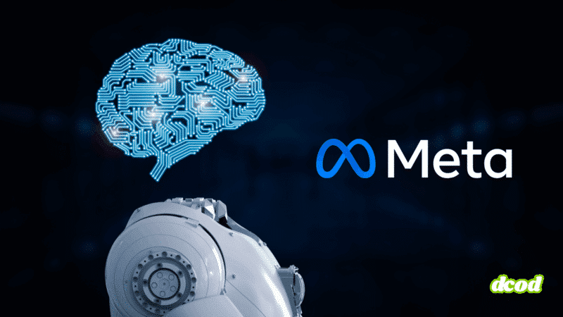 Illustration représentant un robot humanoïde observant un cerveau numérique composé de circuits lumineux, aux côtés du logo de Meta. L’image symbolise les avancées de l’entreprise dans le domaine de l’intelligence artificielle. Logo « dcod » visible en bas à droite.