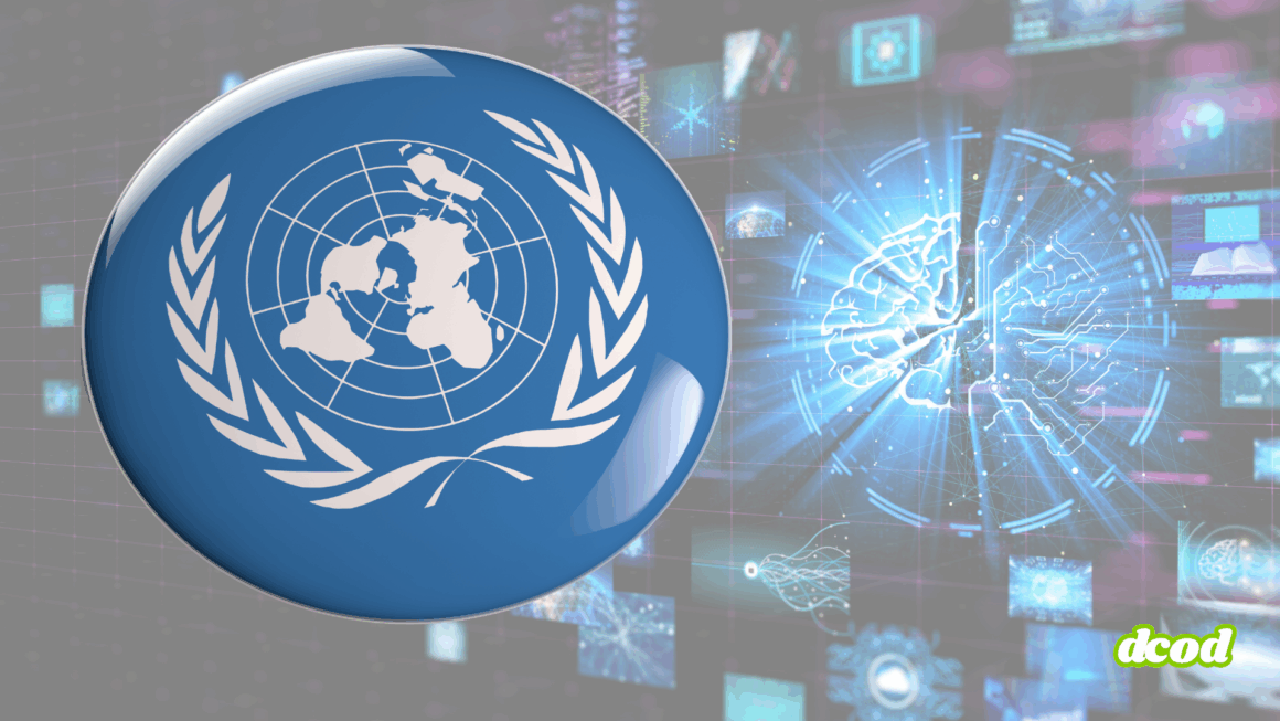 Illustration du logo des Nations Unies sur un fond technologique représentant un cerveau numérique lumineux, symbolisant l’intelligence artificielle et la coopération internationale autour des technologies émergentes.