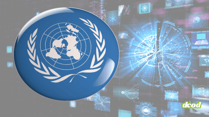 Illustration du logo des Nations Unies sur un fond technologique représentant un cerveau numérique lumineux, symbolisant l’intelligence artificielle et la coopération internationale autour des technologies émergentes.