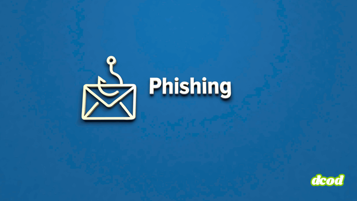 Illustration minimaliste sur fond bleu représentant une enveloppe accrochée à un hameçon, symbole du phishing, accompagnée du mot « Phishing » en lettres blanches. Logo « dcod » visible en bas à droite.