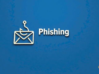 Illustration minimaliste sur fond bleu représentant une enveloppe accrochée à un hameçon, symbole du phishing, accompagnée du mot « Phishing » en lettres blanches. Logo « dcod » visible en bas à droite.
