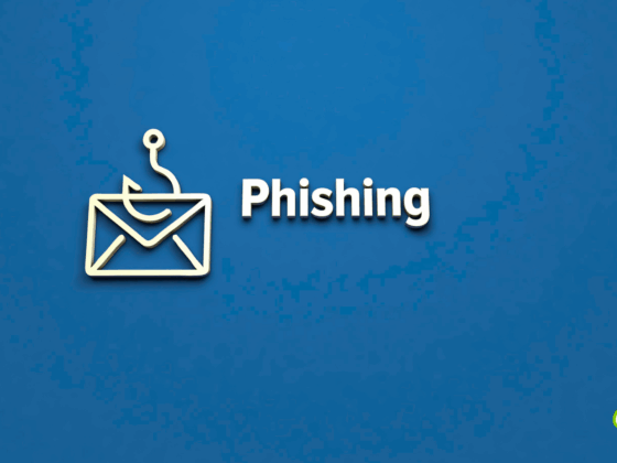 Illustration minimaliste sur fond bleu représentant une enveloppe accrochée à un hameçon, symbole du phishing, accompagnée du mot « Phishing » en lettres blanches. Logo « dcod » visible en bas à droite.