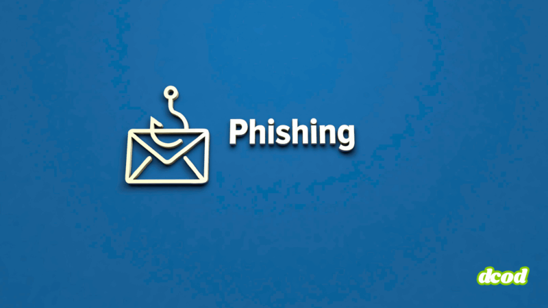 Illustration minimaliste sur fond bleu représentant une enveloppe accrochée à un hameçon, symbole du phishing, accompagnée du mot « Phishing » en lettres blanches. Logo « dcod » visible en bas à droite.