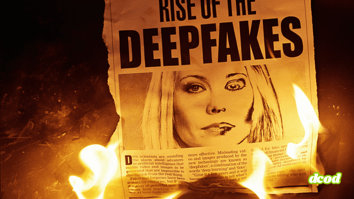 Page de journal en train de brûler, avec en titre « Rise of the Deepfakes » et l’image d’un visage féminin partiellement modifié par une intelligence artificielle, illustrant les dangers des deepfakes et de la désinformation visuelle.