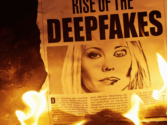Page de journal en train de brûler, avec en titre « Rise of the Deepfakes » et l’image d’un visage féminin partiellement modifié par une intelligence artificielle, illustrant les dangers des deepfakes et de la désinformation visuelle.
