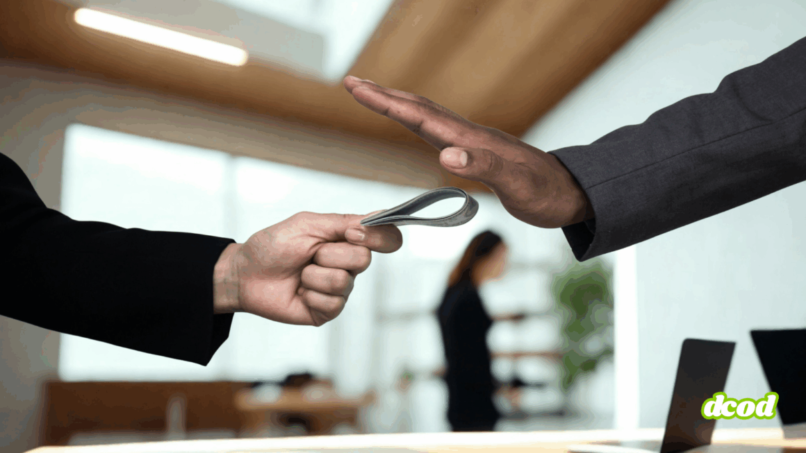 Main d’un homme en costume refusant une liasse de billets tendue par une autre personne, symbolisant le rejet de la corruption en entreprise. Scène dans un bureau moderne, avec le logo "dcod" en bas à droite.