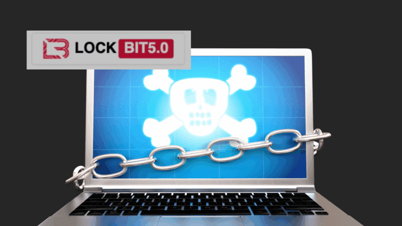 Ordinateur portable affichant une icône de crâne et d’os croisés, symbole de danger, avec une chaîne en métal autour de l’écran, représentant une attaque de ransomware. En haut à gauche, le logo du malware LockBit 5.0.