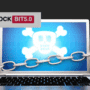 Ordinateur portable affichant une icône de crâne et d’os croisés, symbole de danger, avec une chaîne en métal autour de l’écran, représentant une attaque de ransomware. En haut à gauche, le logo du malware LockBit 5.0.