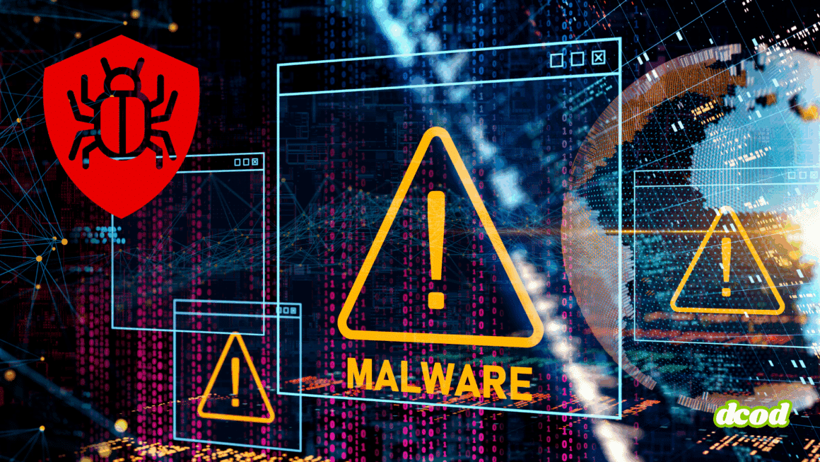 Illustration d’une alerte de cybersécurité montrant des icônes de malware et de danger sur un fond numérique avec des codes binaires et une représentation stylisée du globe terrestre.