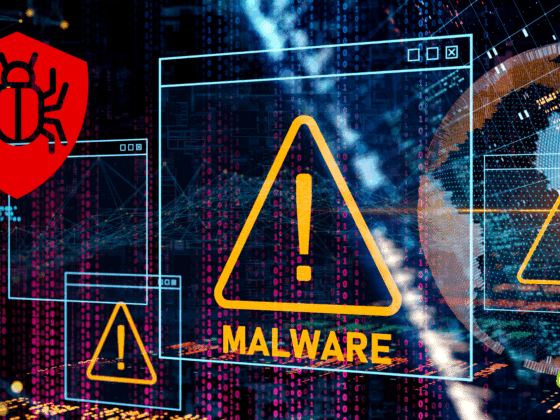 Illustration d’une alerte de cybersécurité montrant des icônes de malware et de danger sur un fond numérique avec des codes binaires et une représentation stylisée du globe terrestre.