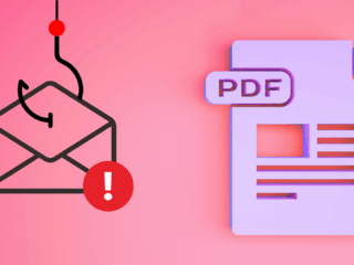 Illustration d’un email piégé avec une icône d’enveloppe accrochée à un hameçon et un symbole d’alerte, à côté d’un fichier PDF stylisé en 3D sur fond rose, symbolisant une tentative d’hameçonnage via pièce jointe malveillante.