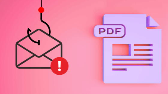 Illustration d’un email piégé avec une icône d’enveloppe accrochée à un hameçon et un symbole d’alerte, à côté d’un fichier PDF stylisé en 3D sur fond rose, symbolisant une tentative d’hameçonnage via pièce jointe malveillante.