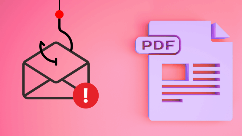 Illustration d’un email piégé avec une icône d’enveloppe accrochée à un hameçon et un symbole d’alerte, à côté d’un fichier PDF stylisé en 3D sur fond rose, symbolisant une tentative d’hameçonnage via pièce jointe malveillante.