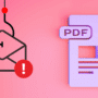 Illustration d’un email piégé avec une icône d’enveloppe accrochée à un hameçon et un symbole d’alerte, à côté d’un fichier PDF stylisé en 3D sur fond rose, symbolisant une tentative d’hameçonnage via pièce jointe malveillante.