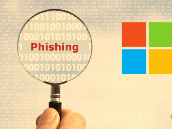 Illustration d’une loupe tenue par une main, mettant en évidence le mot "Phishing" sur un fond de code binaire. À droite, le logo coloré de Microsoft suggère que l’image concerne une tentative de phishing visant les services Microsoft.