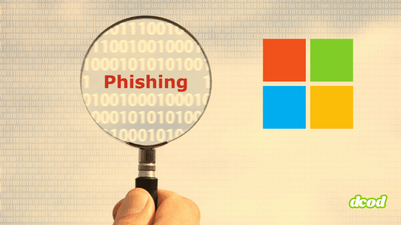Illustration d’une loupe tenue par une main, mettant en évidence le mot "Phishing" sur un fond de code binaire. À droite, le logo coloré de Microsoft suggère que l’image concerne une tentative de phishing visant les services Microsoft.